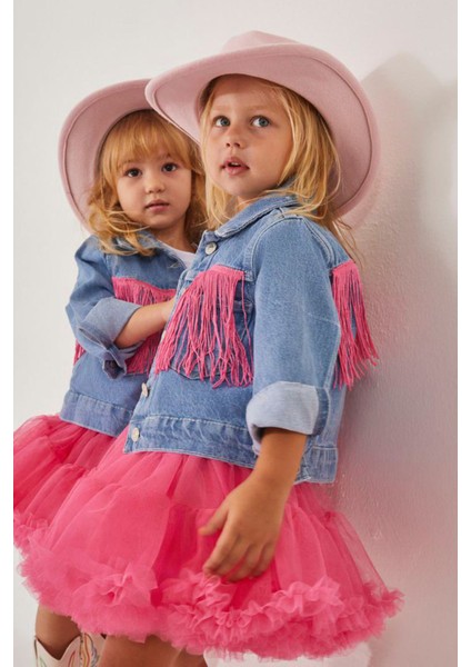 Püskül Detaylı Lot Ceketli Tütülü Kız Çocuk 2 li takım - Pembe fırsatları