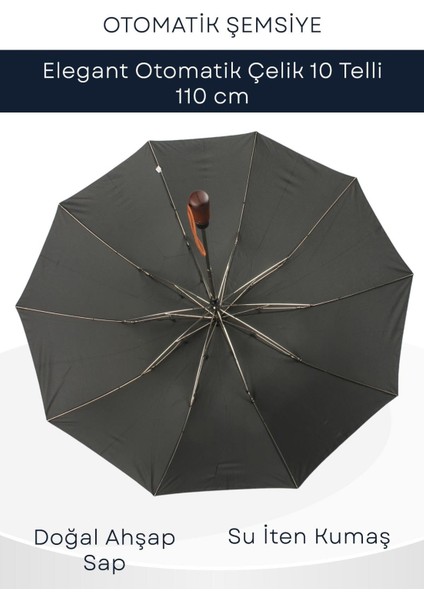 Ahşap Sap 110 cm Elegant Otomatik Çelik 10 Telli Siyah Şemsiye Rüzgar Korumalı Ponçi Kumaş fiyatları