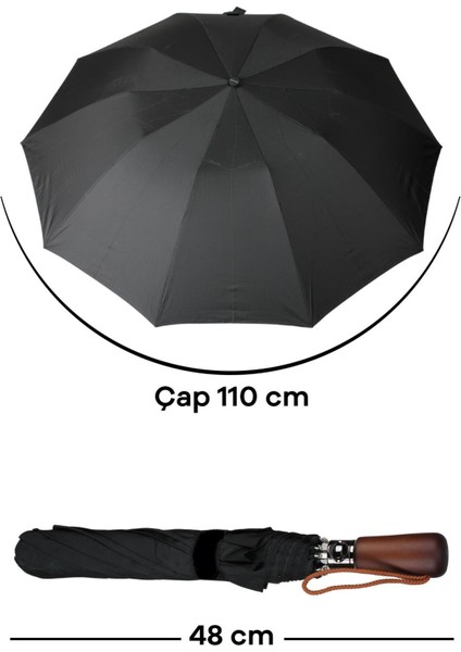Ahşap Sap 110 cm Elegant Otomatik Çelik 10 Telli Siyah Şemsiye Rüzgar Korumalı Ponçi Kumaş modelleri