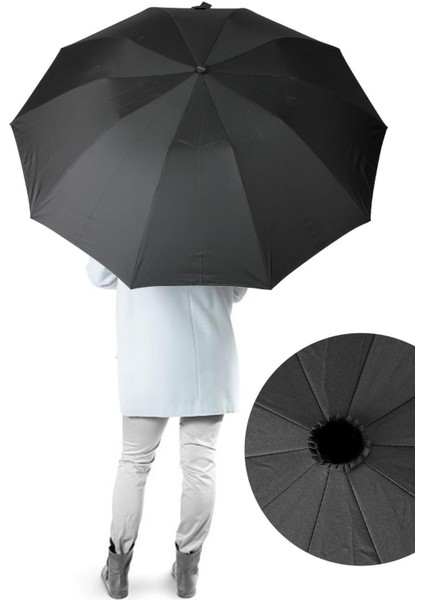 Ahşap Sap 110 cm Elegant Otomatik Çelik 10 Telli Siyah Şemsiye Rüzgar Korumalı Ponçi Kumaş indirimleri