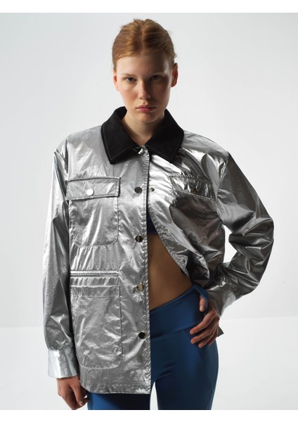 Kadın Gri Metalik Parlak Dokulu Oversize Ceket