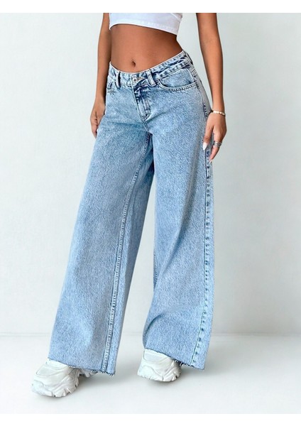 Kadın Yüksek Bel Bol Paça Açık Mavi Jean Kot Pantolon modelleri