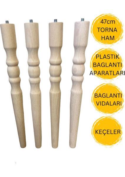 47 cm Ham Torna Ahşap Sehpa Ayağı 4 Adet Ayak | Mobilya Ayağı + Plastik Bağlantı Aparatları