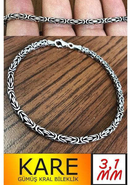 925 Ayar Gümüş Erkek Bileklik Kare Kral Model 3,1mm Genişlik 20cm Uzunluk msb08