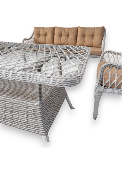 Kaş 3+1+1+Masa Rattan Bahçe Balkon Mobilyası,Rattan Beyaz/Kumaş Bej fırsatları