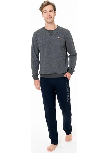 Erkek Antrasit Renk Uzun Kollu Bisiklet Yaka Düz Paça Pijama Takımı C3T3N981
