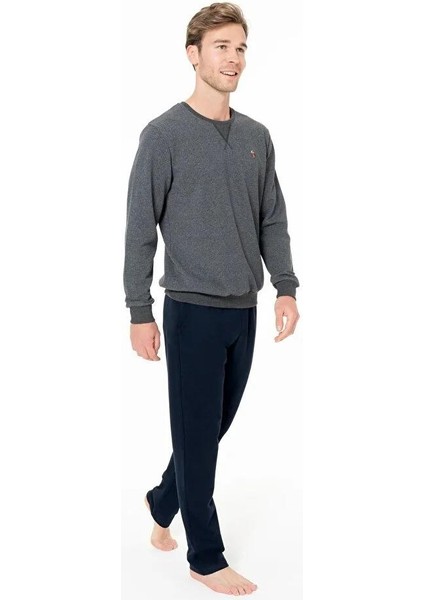Erkek Antrasit Renk Uzun Kollu Bisiklet Yaka Düz Paça Pijama Takımı C3T3N981 modelleri