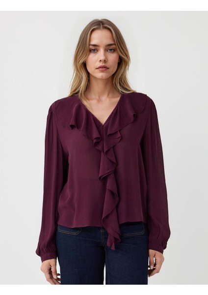 Bordo Uzun Kollu V Yaka Fırfır Detaylı Dokuma Bluz