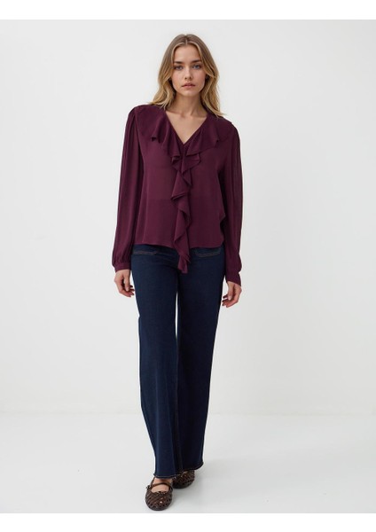 Bordo Uzun Kollu V Yaka Fırfır Detaylı Dokuma Bluz fiyatları