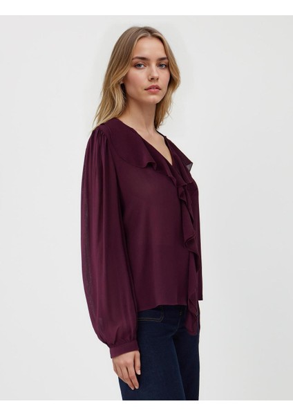 Bordo Uzun Kollu V Yaka Fırfır Detaylı Dokuma Bluz fırsatları