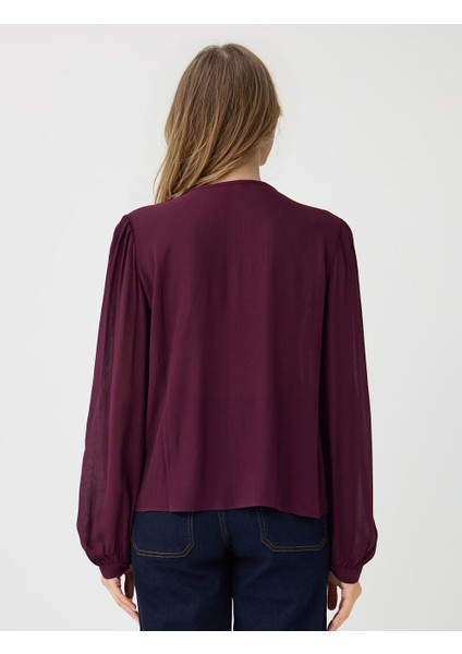 Bordo Uzun Kollu V Yaka Fırfır Detaylı Dokuma Bluz indirimleri