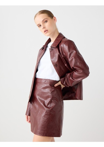 Bordo Deri Görünümlü Normal Bel Mini Etek