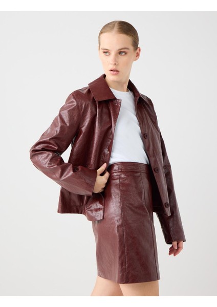 Bordo Deri Görünümlü Normal Bel Mini Etek modelleri