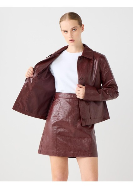 Bordo Deri Görünümlü Normal Bel Mini Etek fırsatları