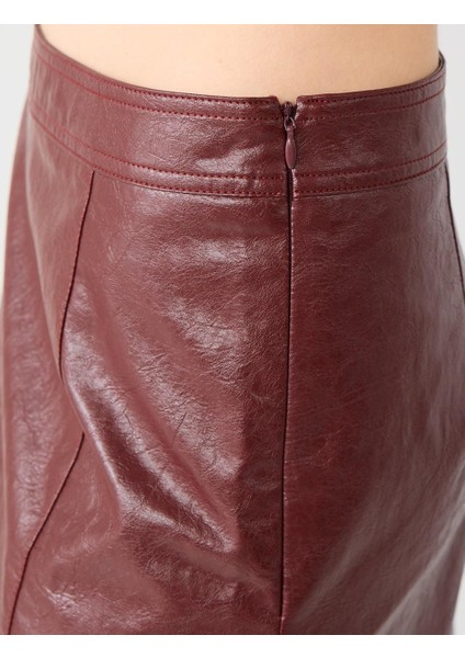 Bordo Deri Görünümlü Normal Bel Mini Etek indirimleri