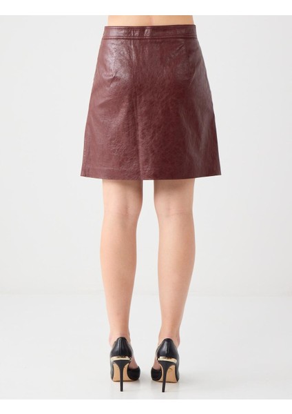 Bordo Deri Görünümlü Normal Bel Mini Etek