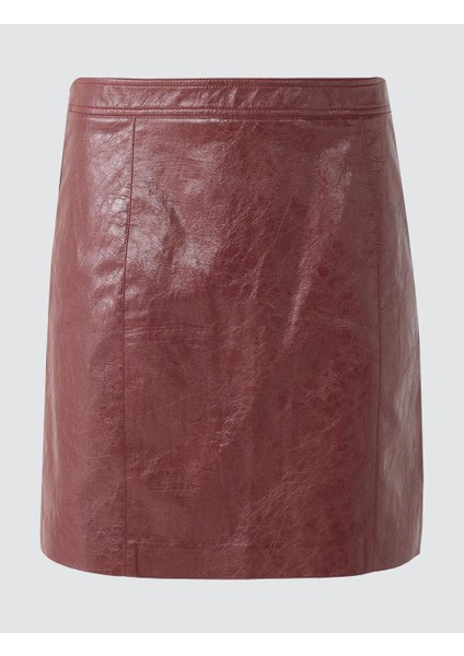 Bordo Deri Görünümlü Normal Bel Mini Etek