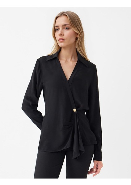 Siyah Ceket Yaka Düğme Detaylı Uzun Kollu Gömlek
