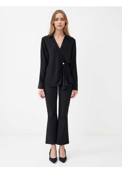 Siyah Ceket Yaka Düğme Detaylı Uzun Kollu Gömlek fiyatları