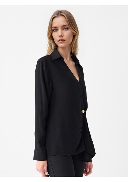 Siyah Ceket Yaka Düğme Detaylı Uzun Kollu Gömlek fırsatları