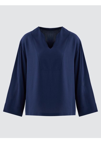 Lacivert Rahat Kesim Uzun Kollu V Yaka Dokuma Bluz