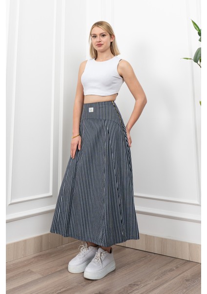 Korsaj Altı Büzgülü Çizgili Uzun Etek 6797