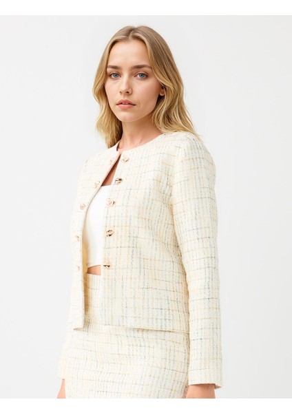 Ekru Uzun Kollu Açık Yaka Desenli Dokuma Ceket modelleri