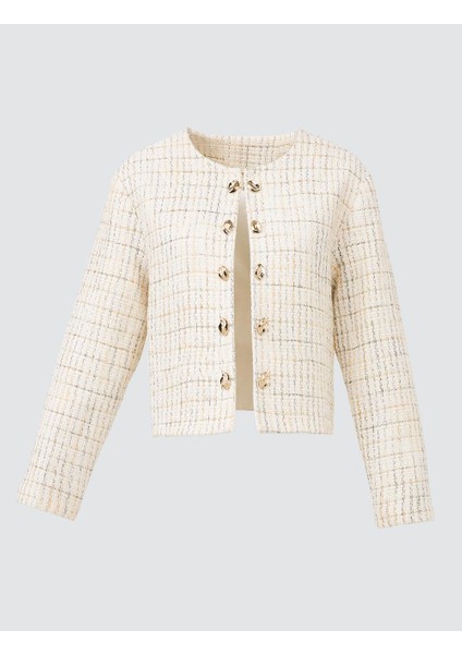 Ekru Uzun Kollu Açık Yaka Desenli Dokuma Ceket