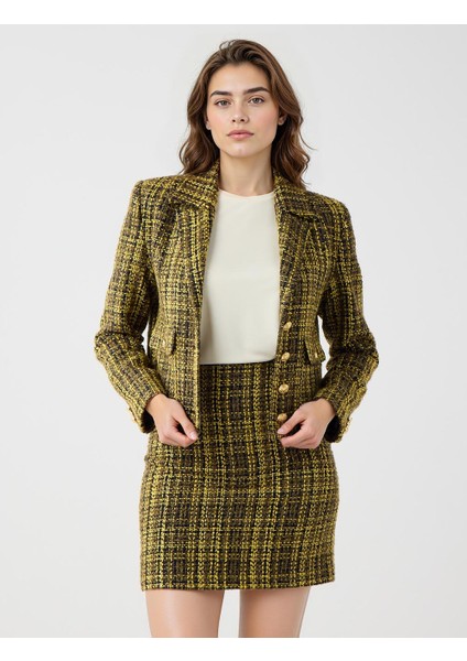 Haki Ekose Desenli Dokuma Tüvit Ceket