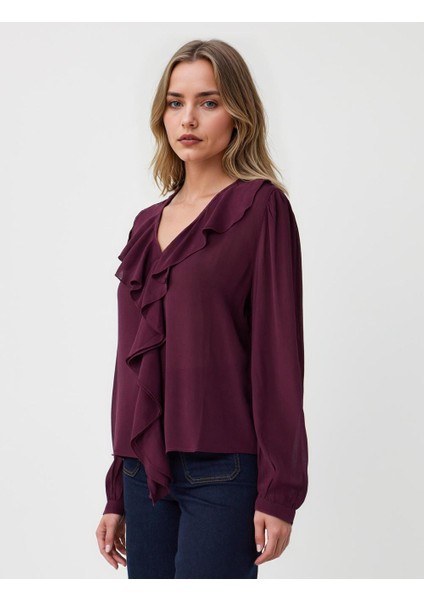 Bordo Uzun Kollu V Yaka Fırfır Detaylı Dokuma Bluz modelleri