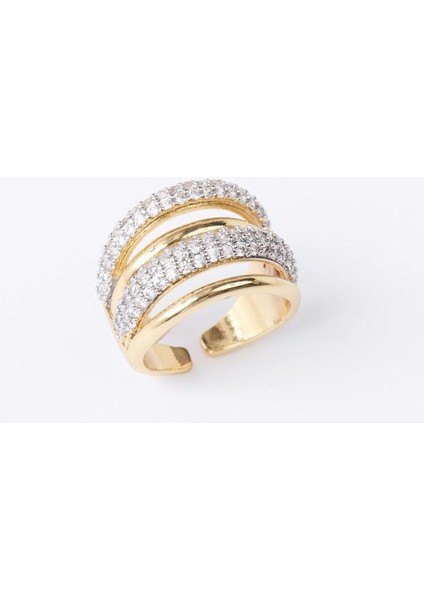 Altın Rengi Sıralı Taş Detaylı Parlak Yüzük fiyatları