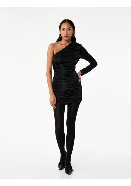 Simli Tek Omuz Uzun Kollu Drapeli Mini Abiye Elbise