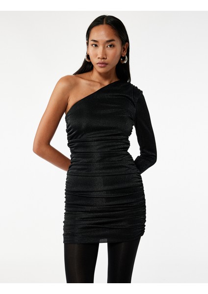 Simli Tek Omuz Uzun Kollu Drapeli Mini Abiye Elbise fiyatları