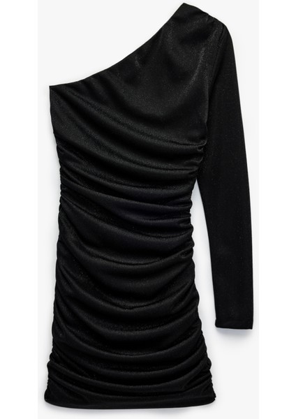 Simli Tek Omuz Uzun Kollu Drapeli Mini Abiye Elbise modelleri