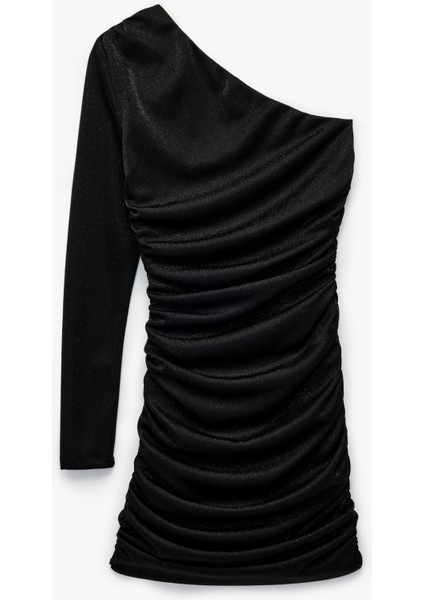 Simli Tek Omuz Uzun Kollu Drapeli Mini Abiye Elbise fırsatları