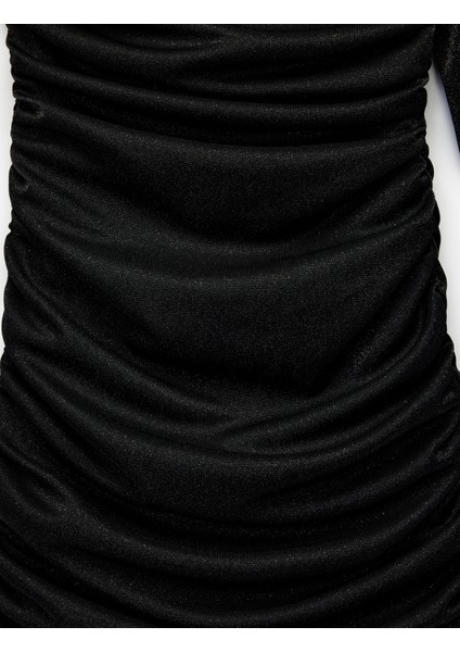 Simli Tek Omuz Uzun Kollu Drapeli Mini Abiye Elbise