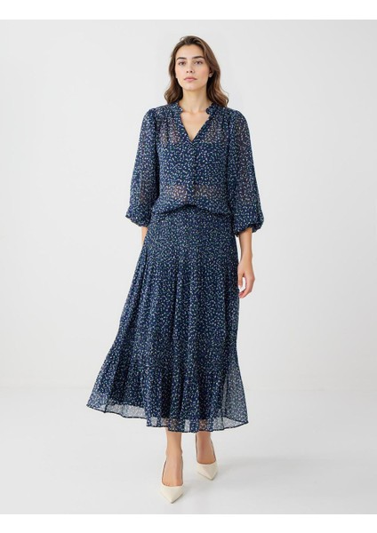 Lacivert Yüksek Bel Puantiyeli Uzun Etek