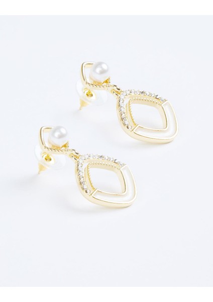 Altın Rengi Kare Figürlü Mine Detaylı Incili Küpe fiyatları