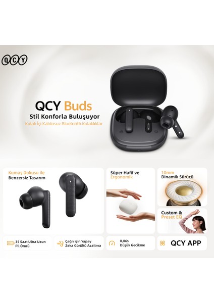 Buds Bluetooth Kulaklık - Şık Tasarım - Ipx4 - 35 Saat Ultra Uzun Pil Ömrü - Düşük Gecikme 0.06S -Aı