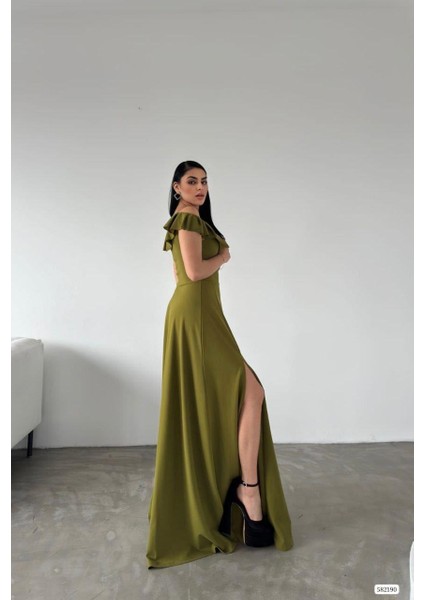 Askılı Omuz Fırfırlı Yırtmaçlı Abiye Elbise 582190 Fistik Yeşil modelleri
