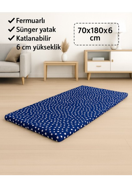 Sünger Yatak 70X180X6 Cm, Yer Yatağı,yer Minderi,şantiye,karavan,deprem Yatağı-Lacivert Yıldız