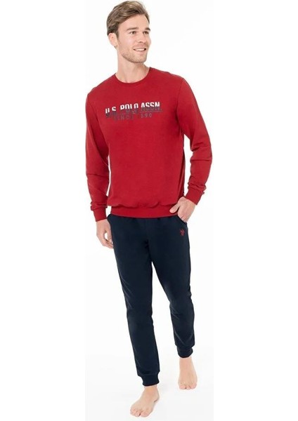 Erkek Bordo Renk Uzun Kollu Bisiklet Yaka Lastikli Paça Pijama Takımı C8T2N981
