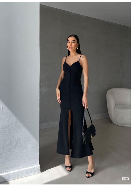 Ithal Krep Kumaş Ince Askılı Düğme Detay Elbise 582053 Siyah