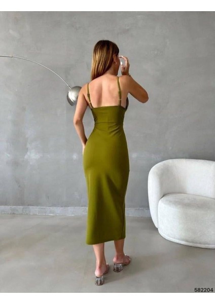 Ince Askılı Kalp Yaka Yırtmaç Detay Kalem Elbise 582204 Fıstık Yeşil fiyatları