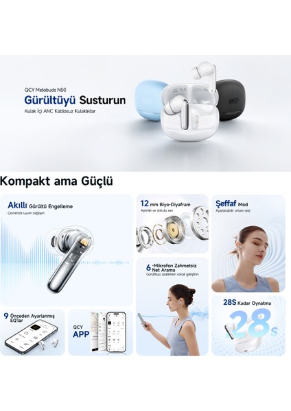 Ht12 Melobuds N50 Anc 6 Mikrofonlu Bluetooth 5.4 Kulaklık Beyaz