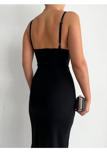 Ince Askılı Kalp Yaka Yırtmaç Detay Kalem Elbise 582204 Siyah fiyatları