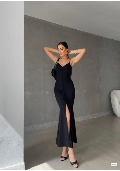 Ithal Krep Kumaş Ince Askılı Düğme Detay Elbise 582053 Siyah modelleri