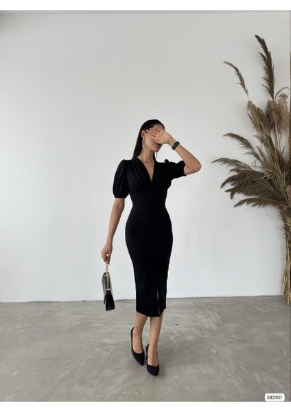 Scuba Krep Elbise 582901 Siyah
