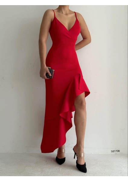Ince Askılı Etek Ucu Asimetrik Volanlı Scuba Kumaş Abiye Elbise 581708 Kırmızı fiyatları