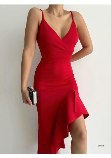 Ince Askılı Etek Ucu Asimetrik Volanlı Scuba Kumaş Abiye Elbise 581708 Kırmızı modelleri